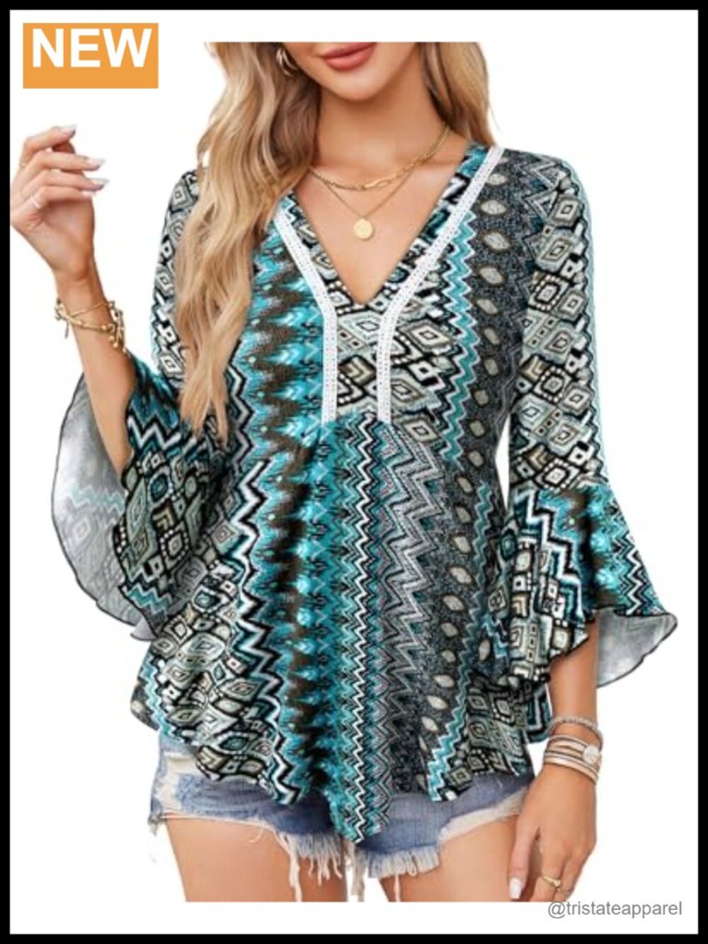 Lace V-Neck Babydoll Blouse with 3/4 Ruffle Sleeves